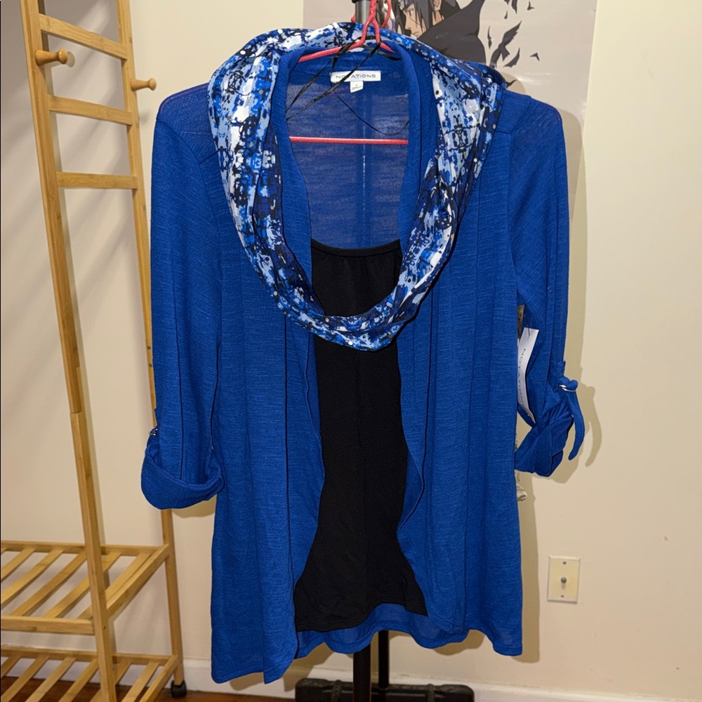 Notations Royal Blue Cardigan with Black Top and Patterned Scarf